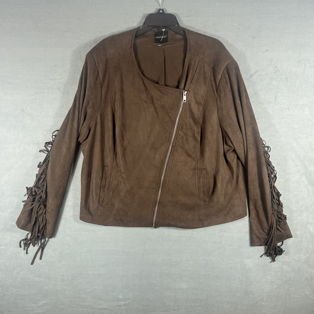 Lane Bryant Women's 22/24 Plus Brown Faux Suede Fringe Asymmetrical Moto Jacket‎
